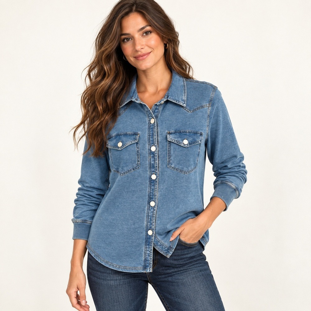 Jane + Delancey Denim Look Knit Western Button Shirt Womens Large Blue Cowgirl